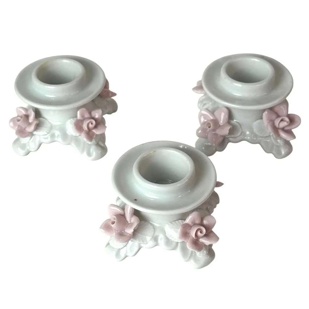 Alka Kunst Dresden Porcelain Rose Candlestick Holders Set of 3 Pink White VTG